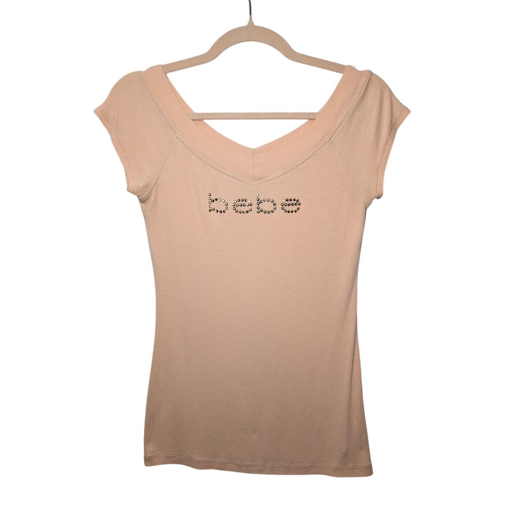 Bebe Vintage Y2K Logo Rhinestone Ribbed Knit Top Peach Pink Large